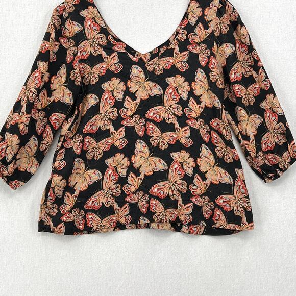 JOHNNY WAS Silk Akil Butterfly Print Top Womens XS Black V Neck 3/4 Puff Sleeve - Picture 7 of 13